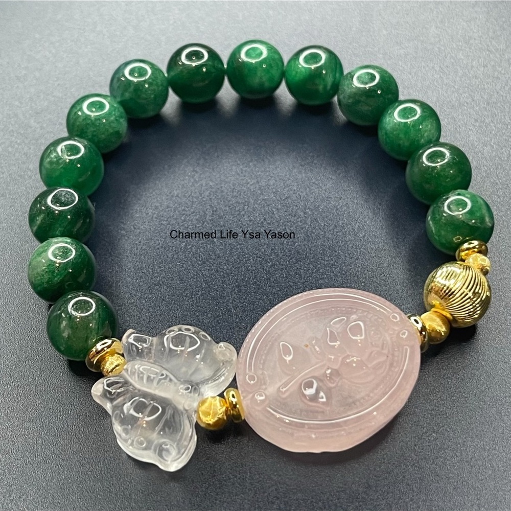 18k gold plated charms, Rose Quartz, Clear Quartz, Green Lepidolite